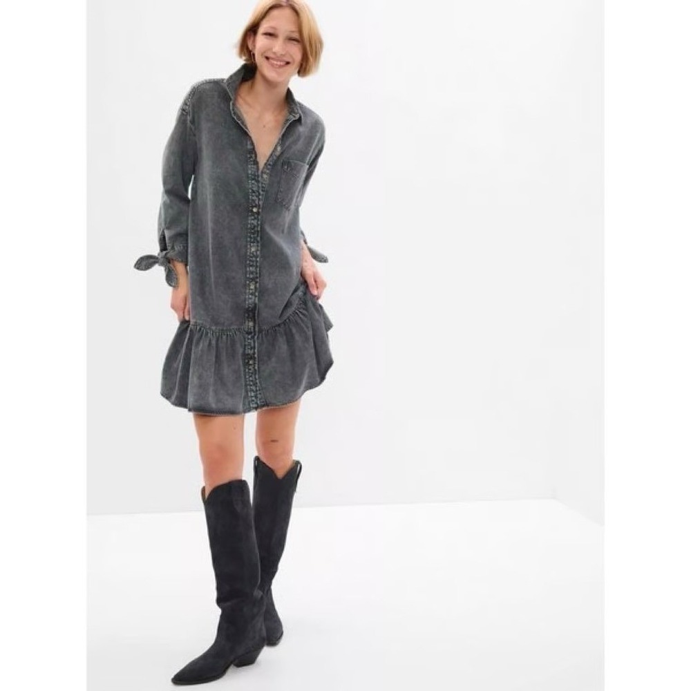 GAP Grey Wash Denim Shirt Flounce Dress Long Sleeve Ruffle‎ Hem Tie Cuff XS